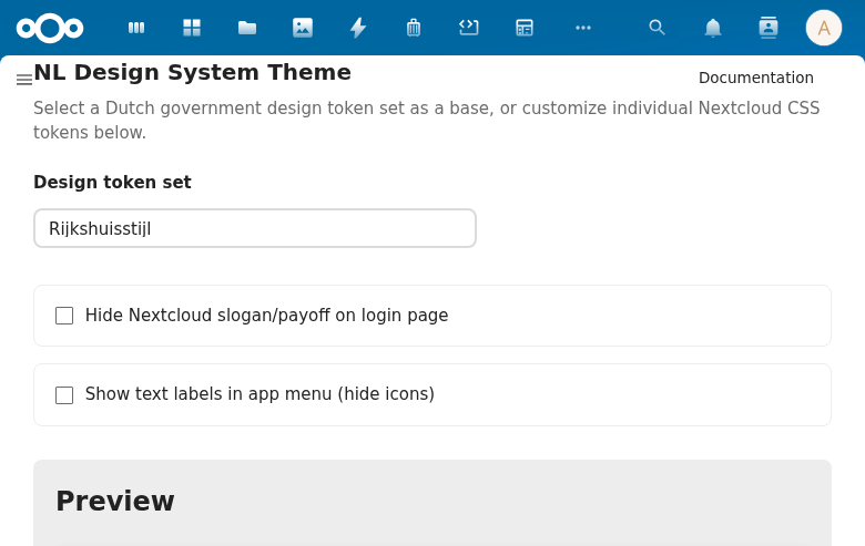 Two checkboxes: Hide Nextcloud slogan/payoff on login page, and Show text labels in app menu