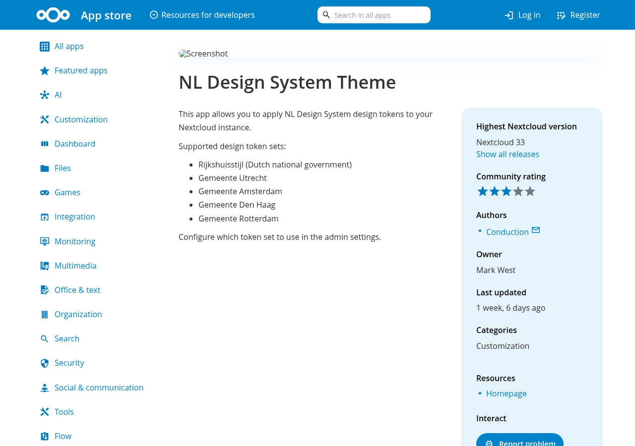 NL Design System Theme listing in the Nextcloud App Store, showing the app description and supported token sets