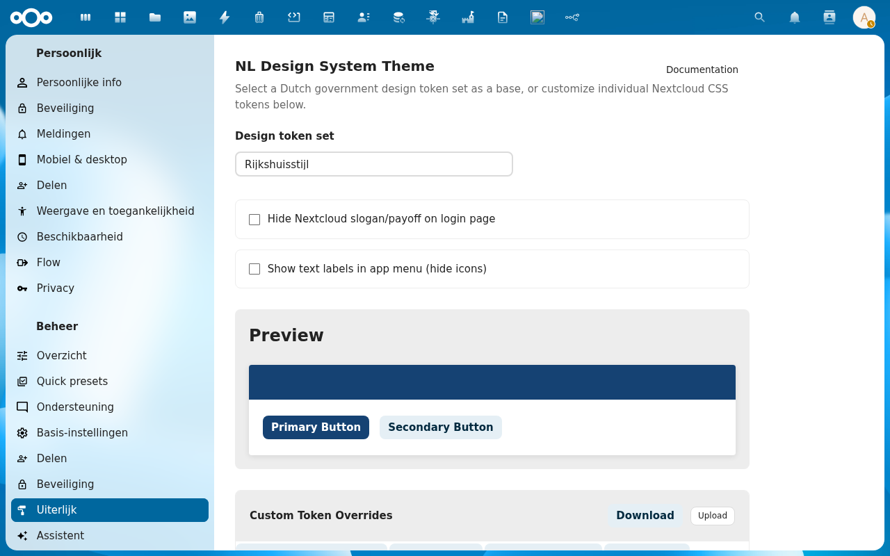 The NL Design admin settings panel, showing the Design token set dropdown and the Preview section with styled buttons