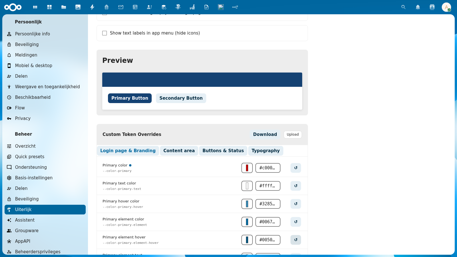 Custom Token Overrides section header showing the Download button and Upload button