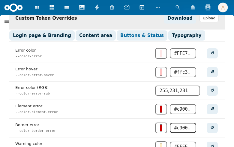 Buttons &amp; Status tab showing error, warning, success, and info color tokens
