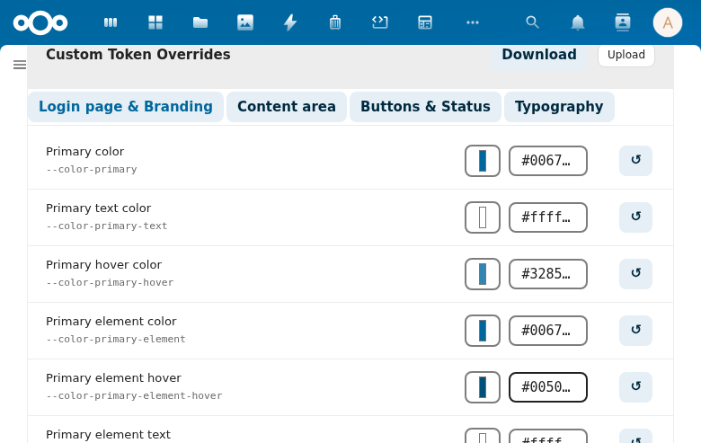 Login page &amp; Branding tab showing 12 primary color tokens with color pickers and hex inputs